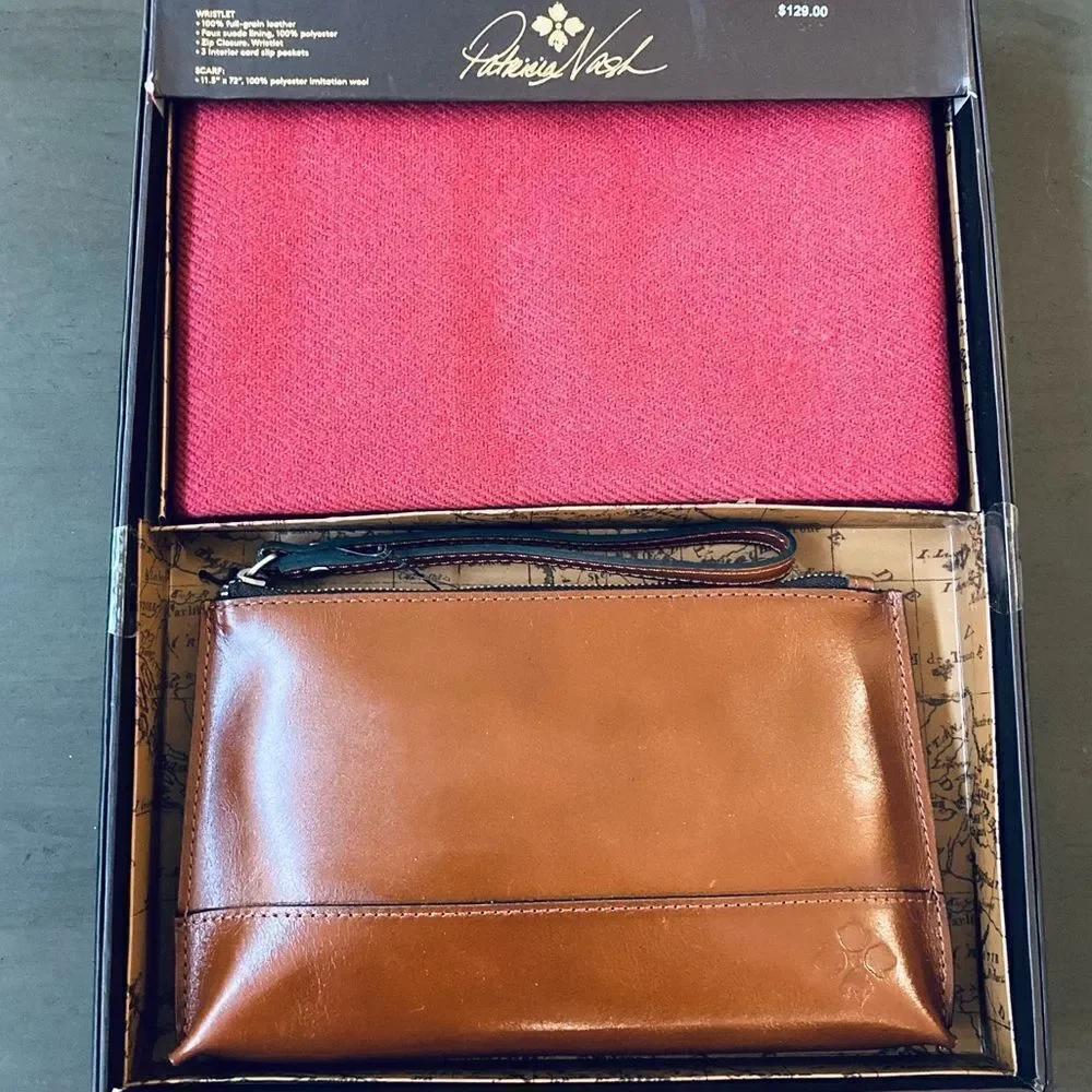 NWT Patricia Nash Leather Wristlet Bag & Luxurious Pink Scarf Gift Set